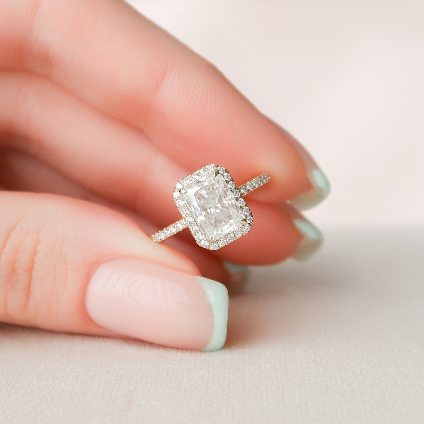 2.0 CT Radiant Halo Pave Moissanite Engagement Ring