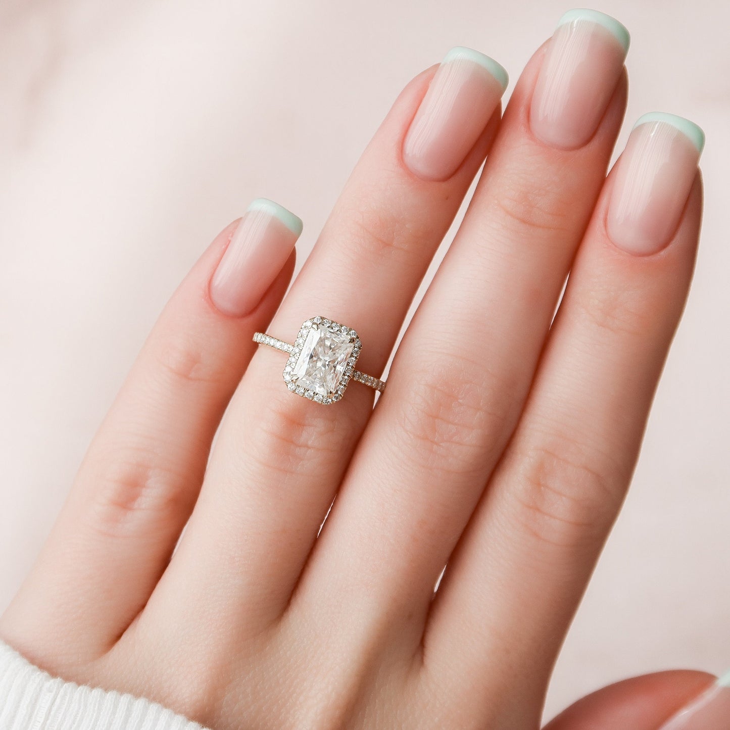 2.0 CT Radiant Halo Pave Moissanite Engagement Ring