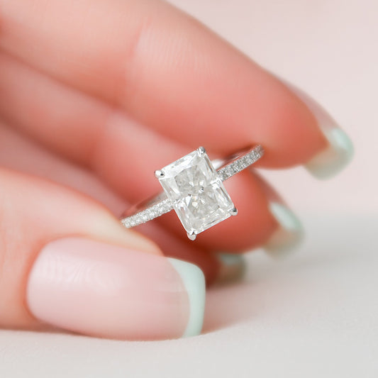 2.0 CT Radiant Hidden Halo & Pave Style Moissanite Engagement Ring