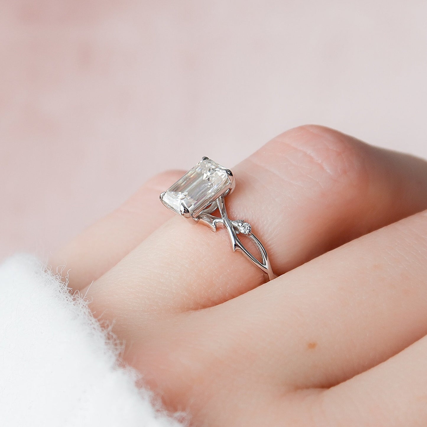 2.0 CT Emerald Twig Pave Moissanite Engagement Ring