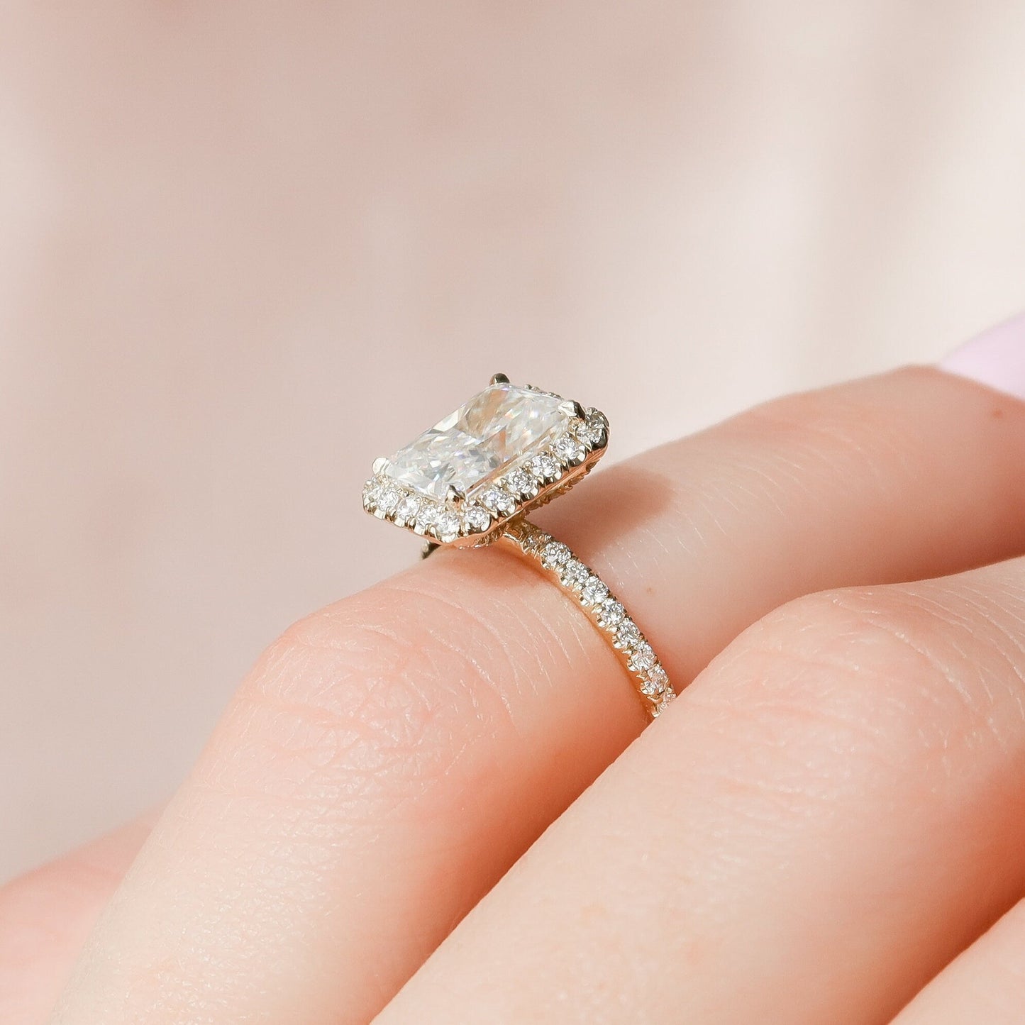 2.0 CT Radiant Cut Halo Style Moissanite Engagement Ring