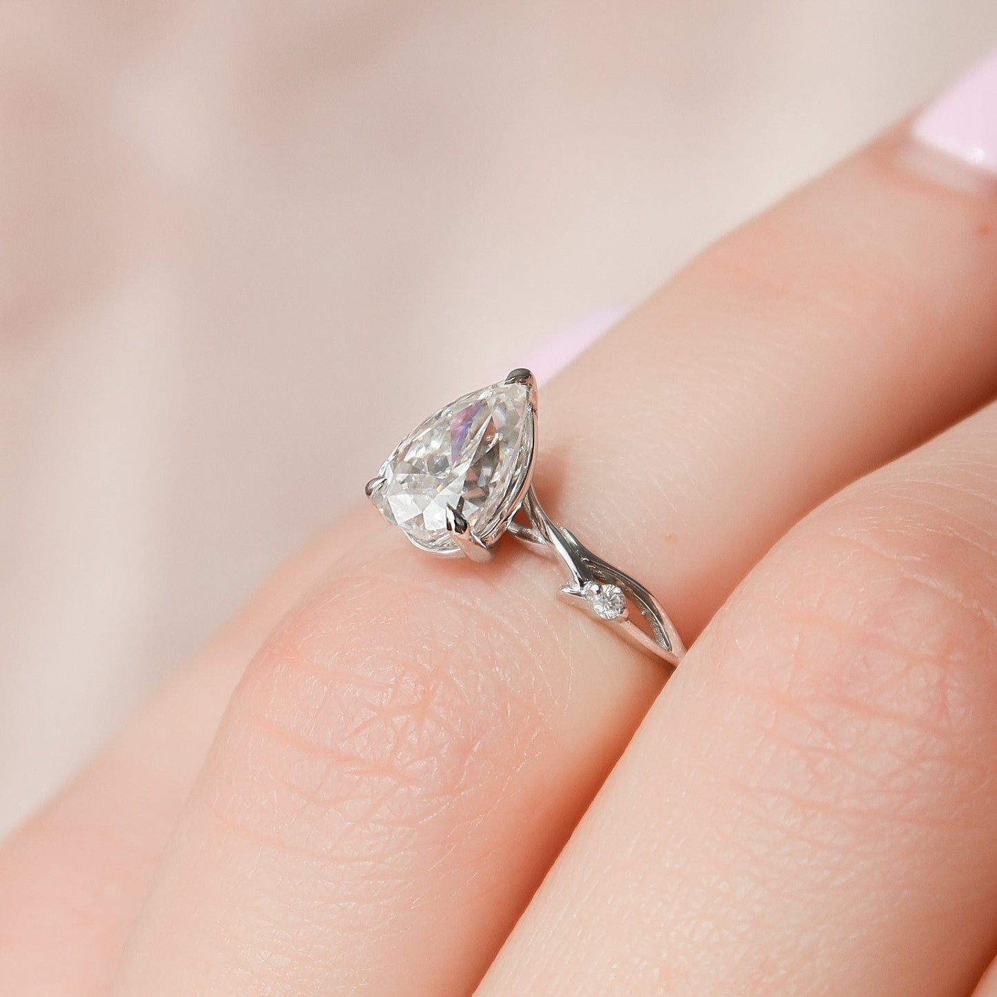 1.0 CT Pear Cut Twig Pave Setting Moissanite Engagement Ring