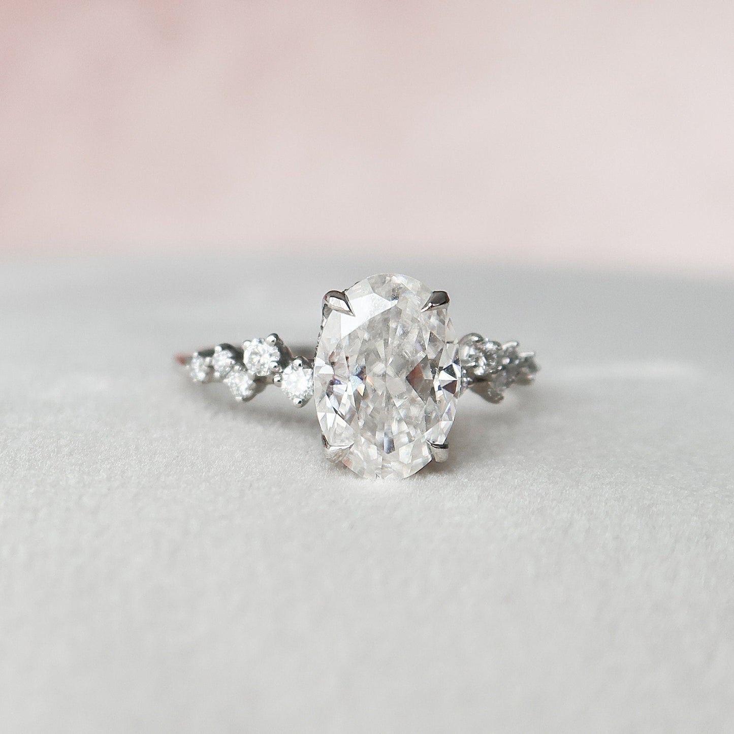 2.0 CT Oval Cut Cluster Style Pave Moissanite Engagement Ring