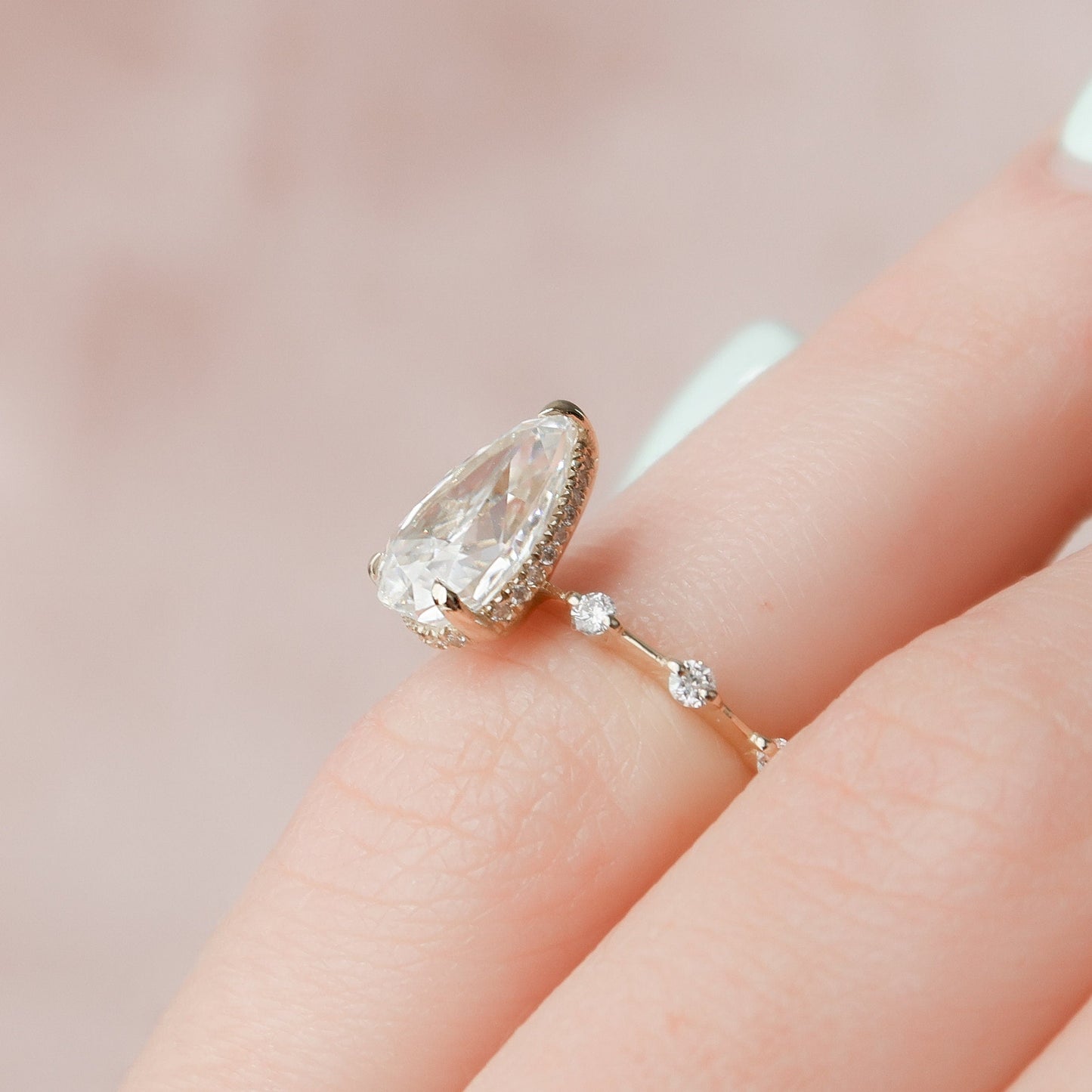 2.0 CT Pear Dainty Pave & Hidden Halo Moissanite Engagement Ring