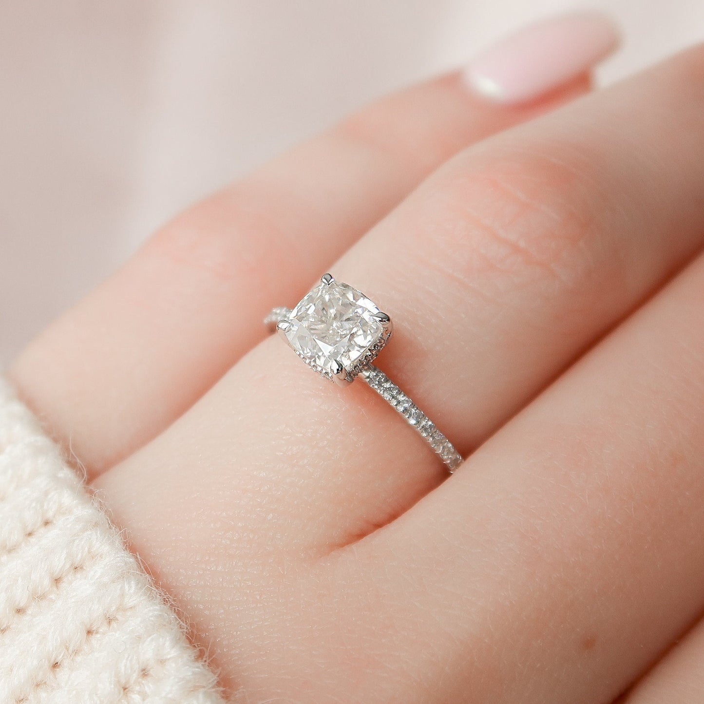 1.0 CT Cushion Hidden Halo & Pave Setting Moissanite Engagement Ring