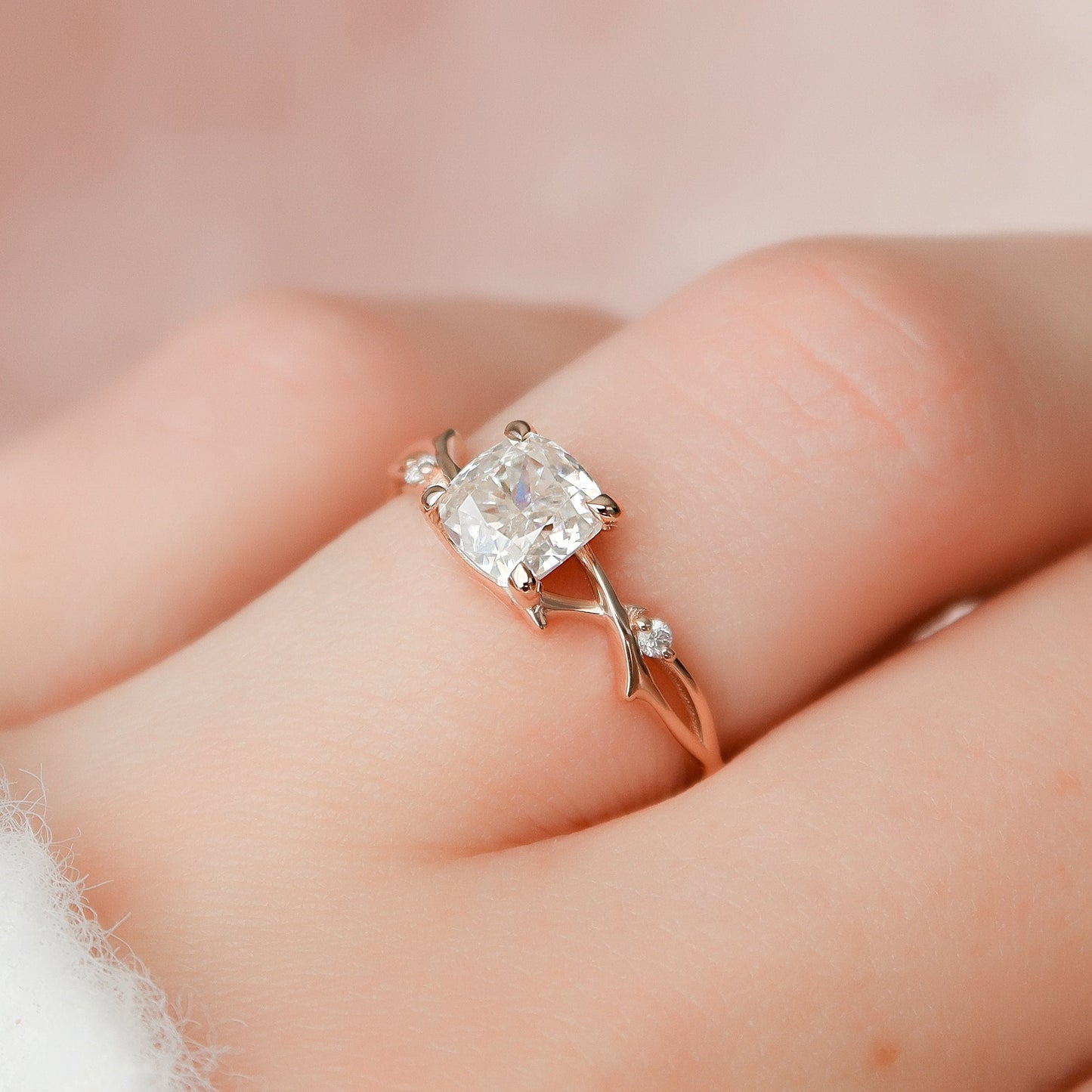 1.0 CT Cushion Solitaire & Twig Setting Moissanite Engagement Ring