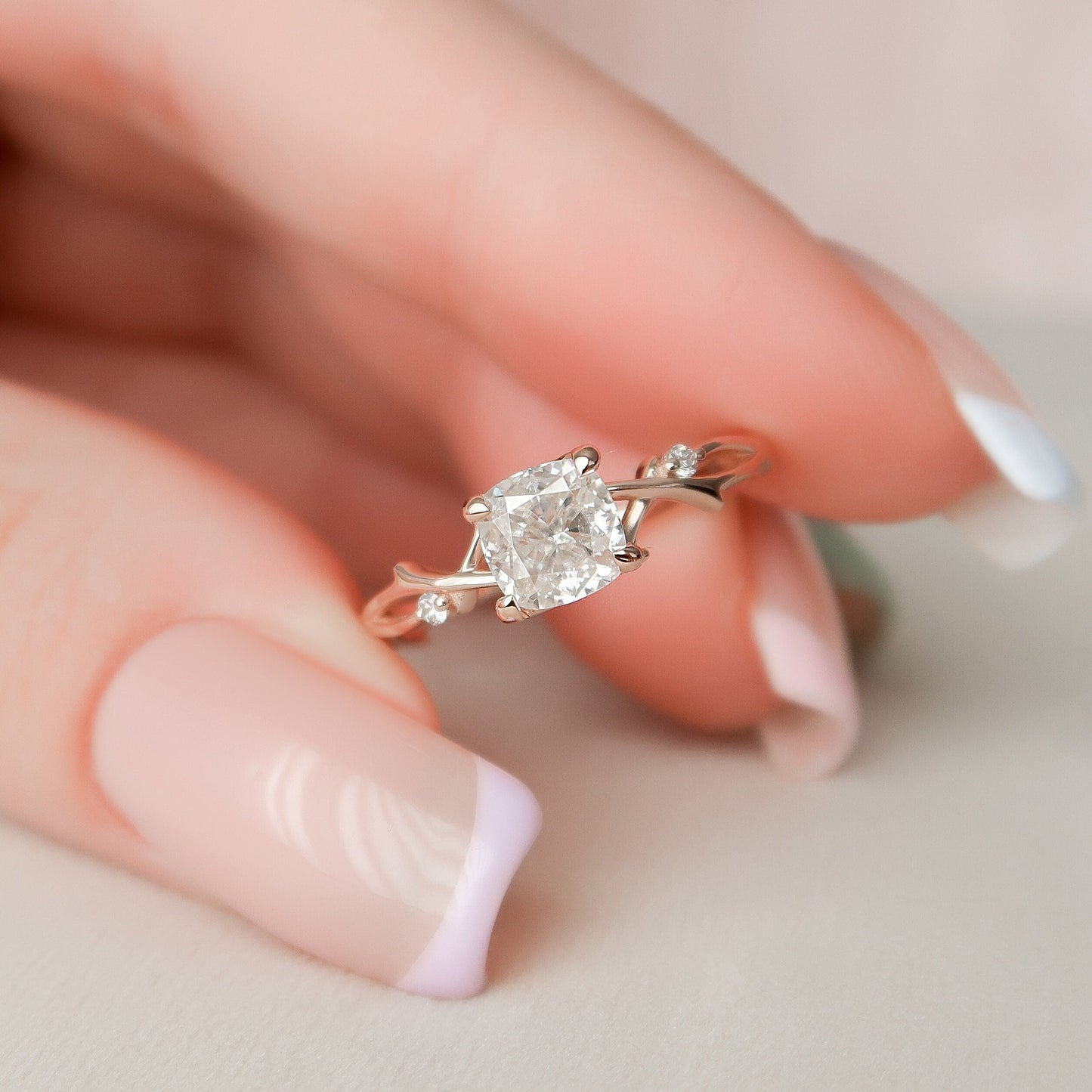 1.0 CT Cushion Solitaire & Twig Setting Moissanite Engagement Ring