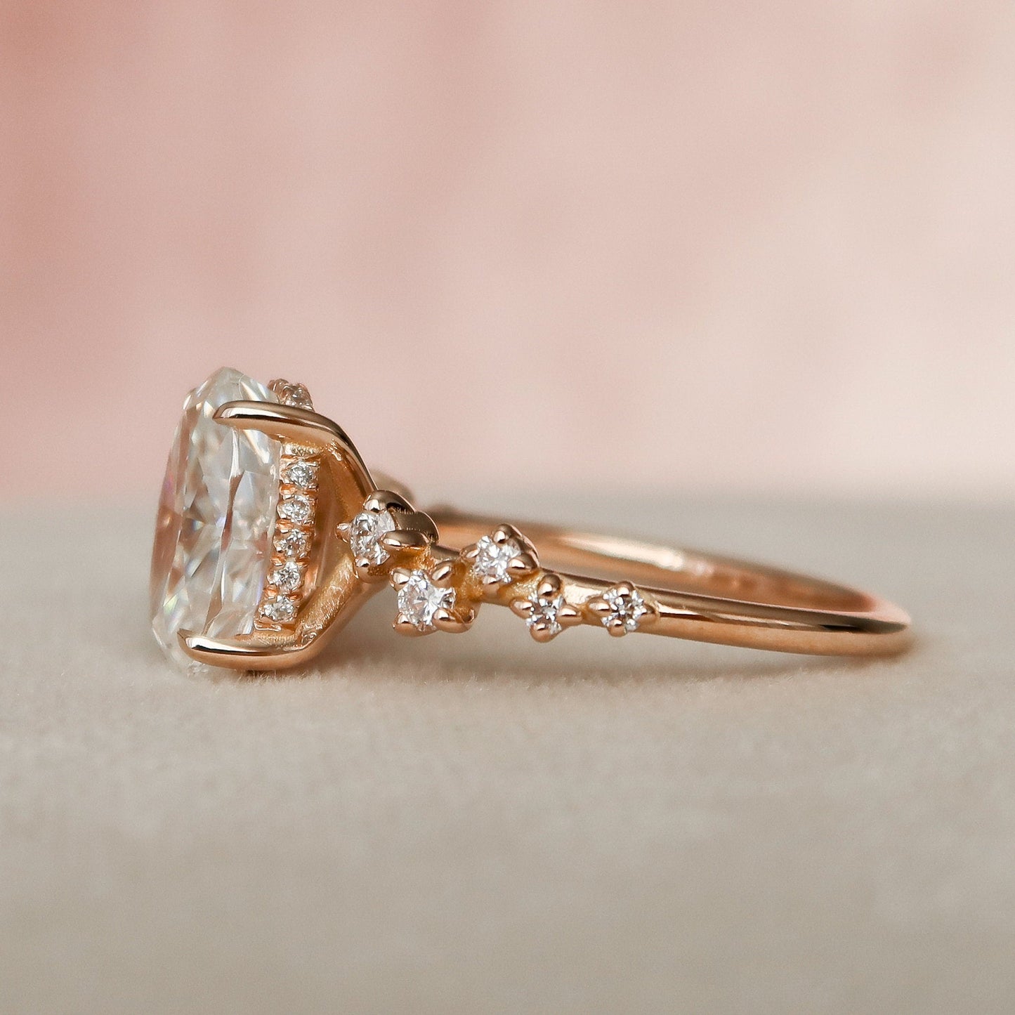 2.0 CT Oval Cut Cluster Style Pave Moissanite Engagement Ring