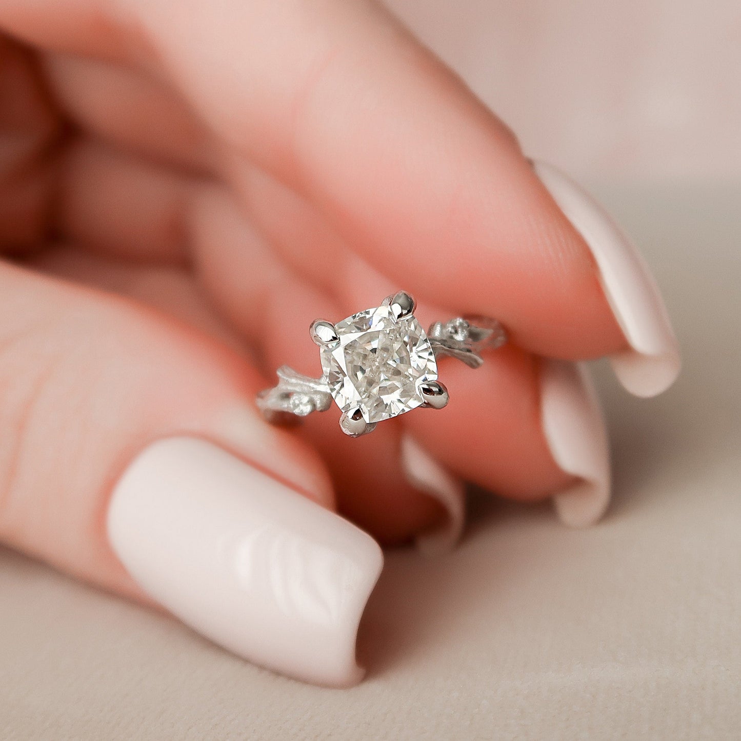 1.50 CT Cushion Twig Style Moissanite Engagement Ring