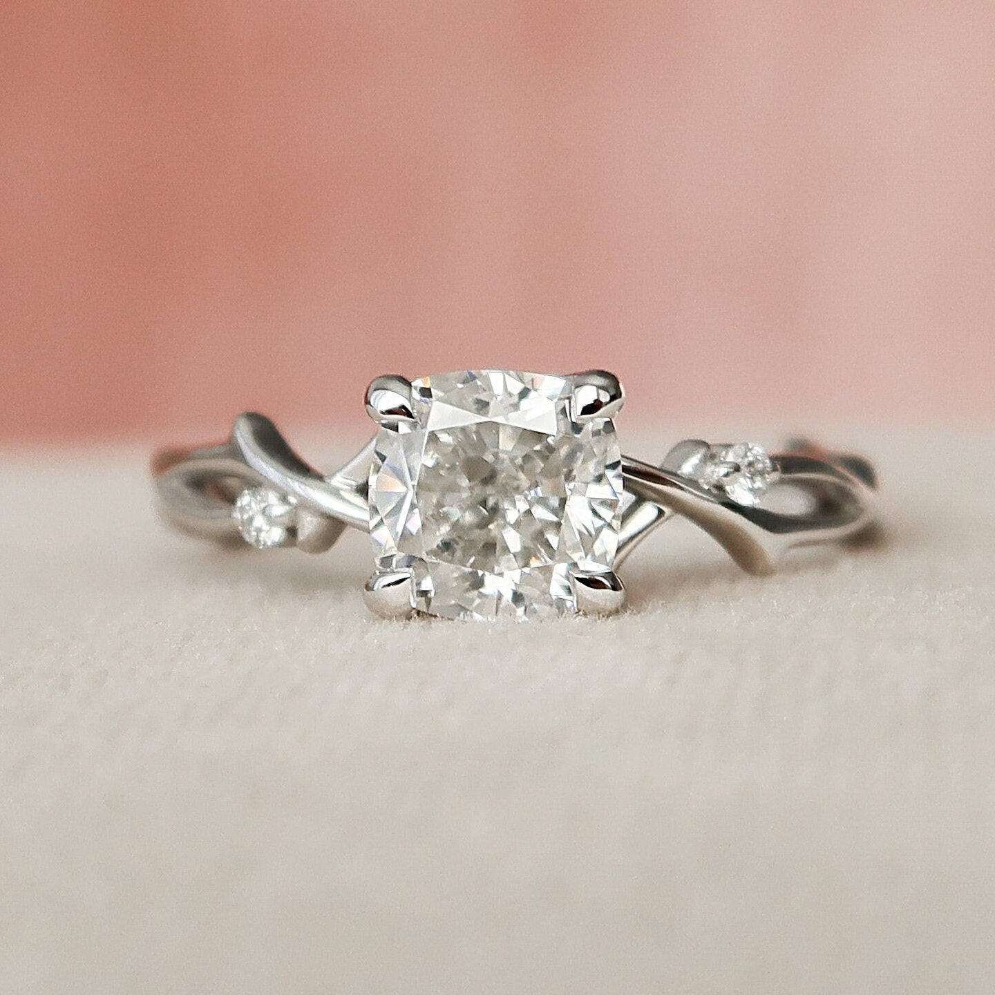 1.0 CT Cushion Solitaire & Twig Setting Moissanite Engagement Ring