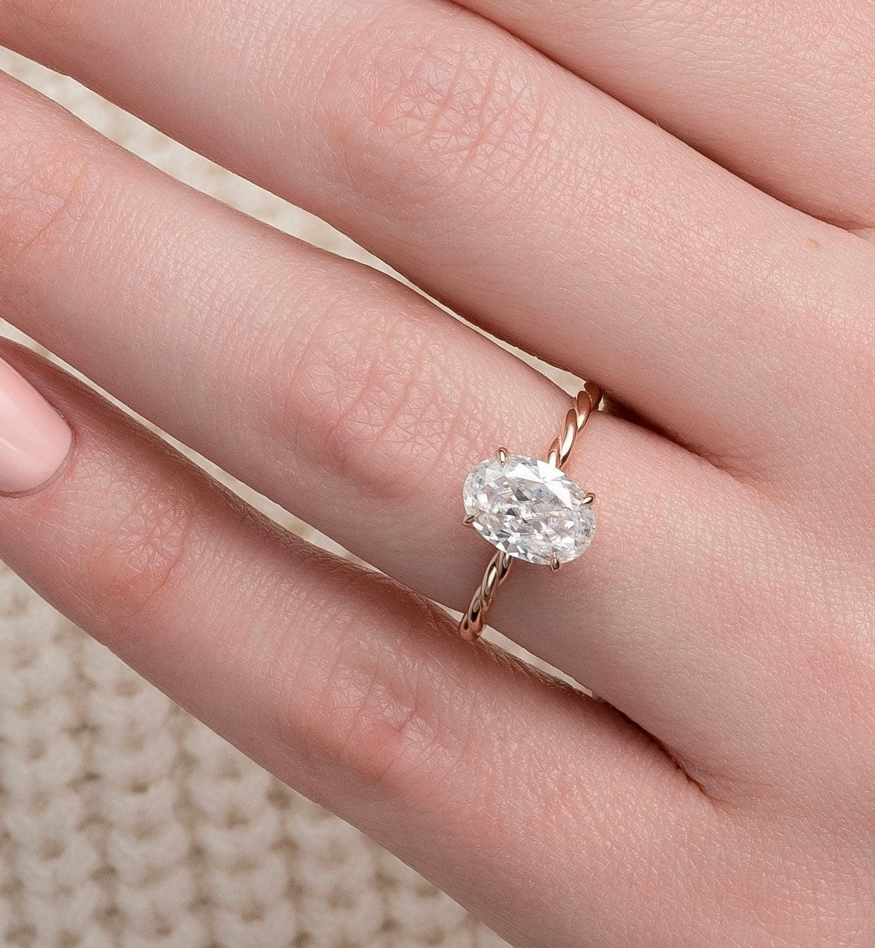 2.0 CT Oval Twisted Band & Hidden Halo Moissanite Engagement Ring