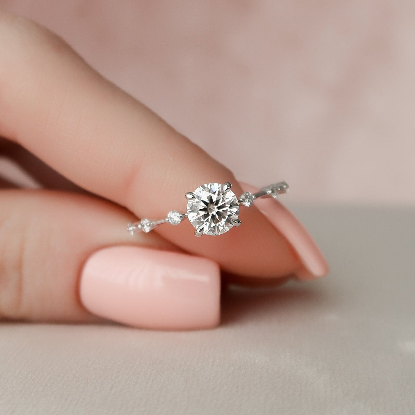 1.0 CT Round Solitaire & Dainty Pave Moissanite Engagement Ring