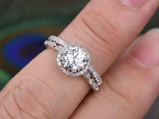 1.5 CT Round Cut Halo Pave Setting Moissanite Bridal Ring Set