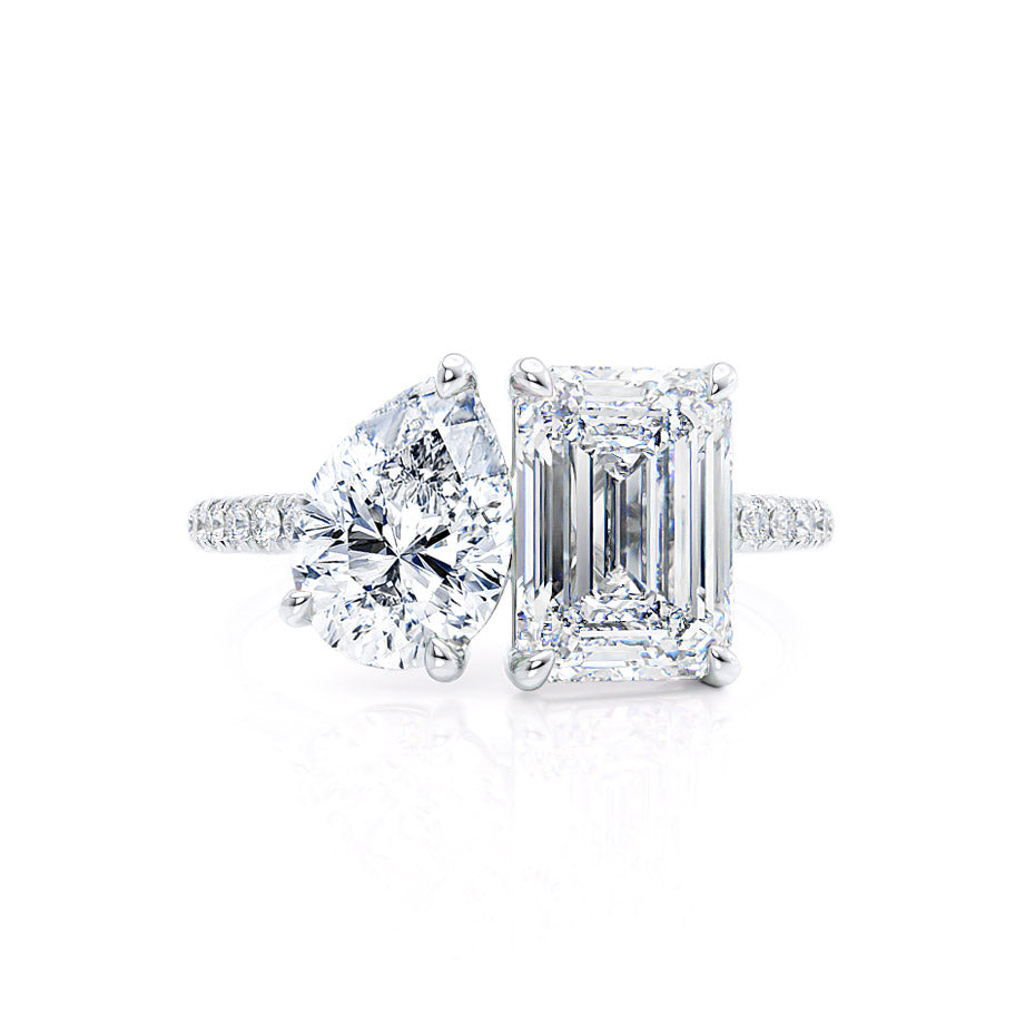 2.52 CT Emerald & 1.50 CT Pear Moissanite Two Stone Engagement Ring