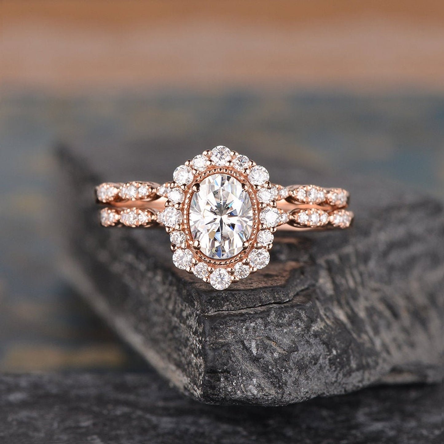 1.50 CT Oval Cut Halo Moissanite Bridal Ring Set