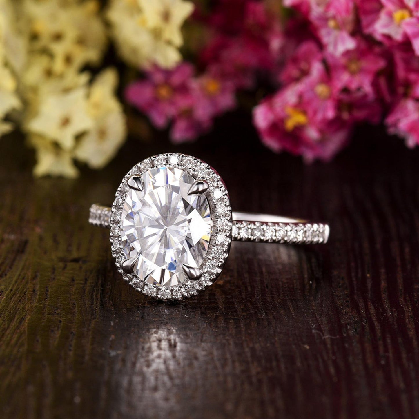 1.32 CT Oval Cut Halo Moissanite Engagement Ring