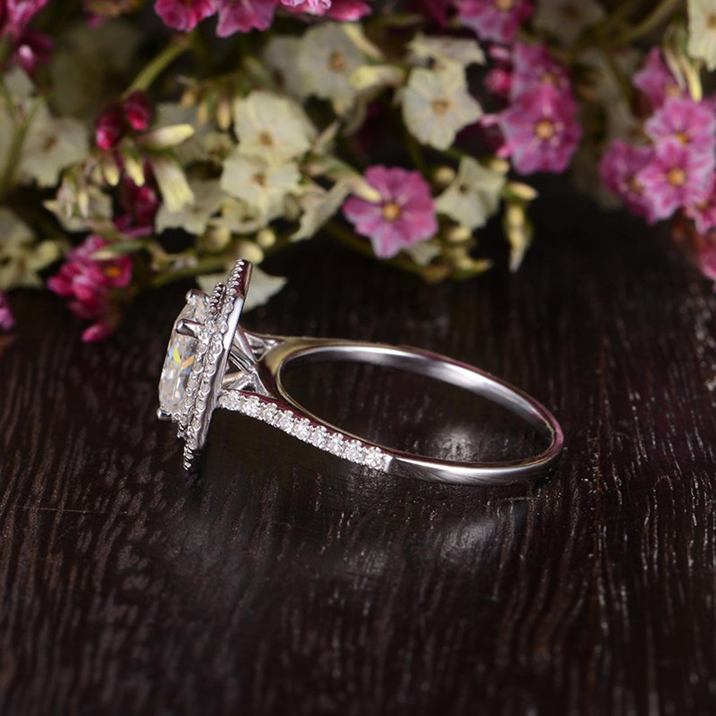 0.91 CT Radiant Cut Double Halo Moissanite Engagement Ring