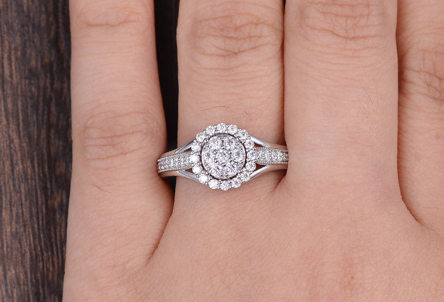 1.0 CT Round Cut Halo Pave Moissanite Engagement Ring