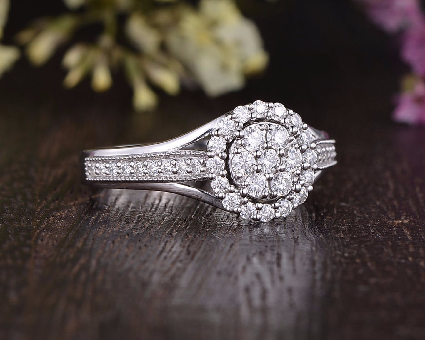 1.0 CT Round Cut Halo Pave Moissanite Engagement Ring