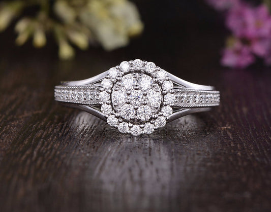 1.0 CT Round Cut Halo Pave Moissanite Engagement Ring