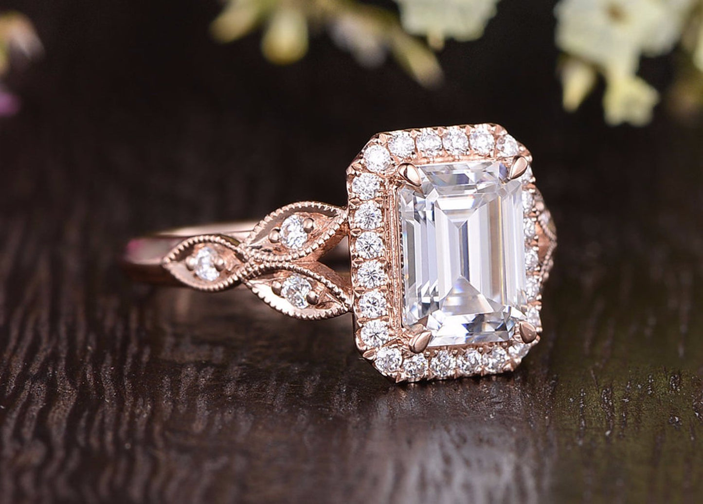 1.0 CT Emerald Cut Halo Moissanite Engagement Ring