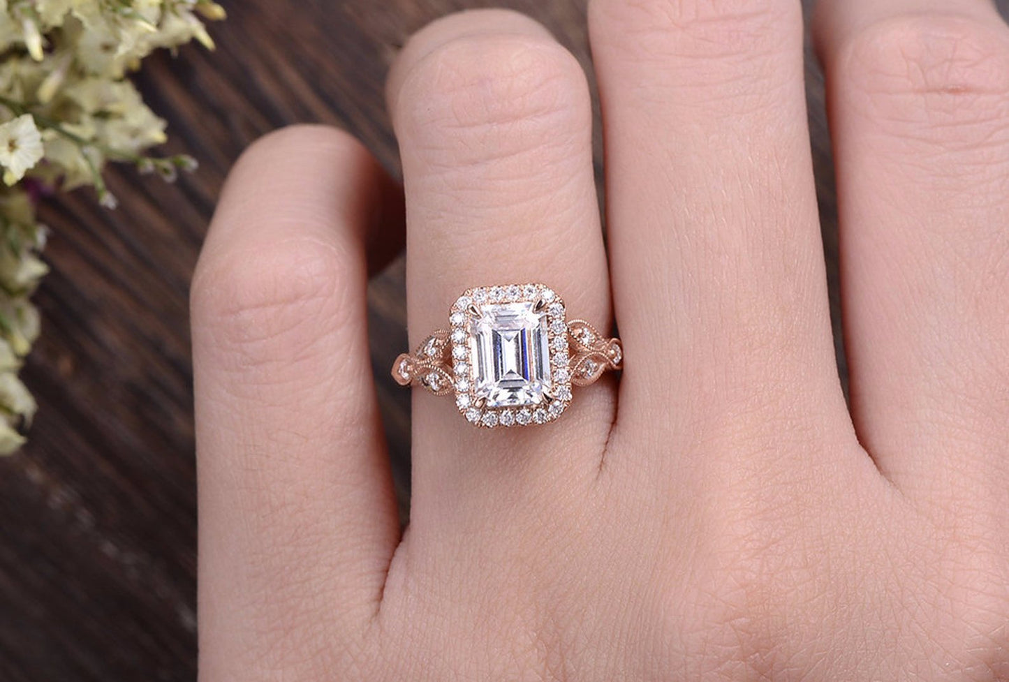 1.0 CT Emerald Cut Halo Moissanite Engagement Ring