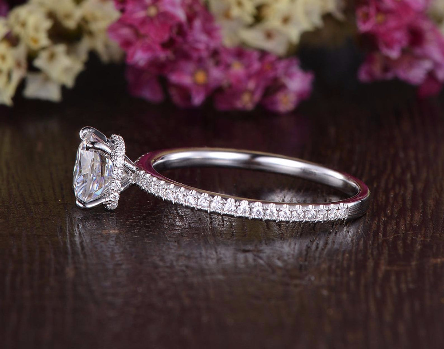 0.75 CT Cushion Hidden Halo Pave Moissanite Engagement Ring