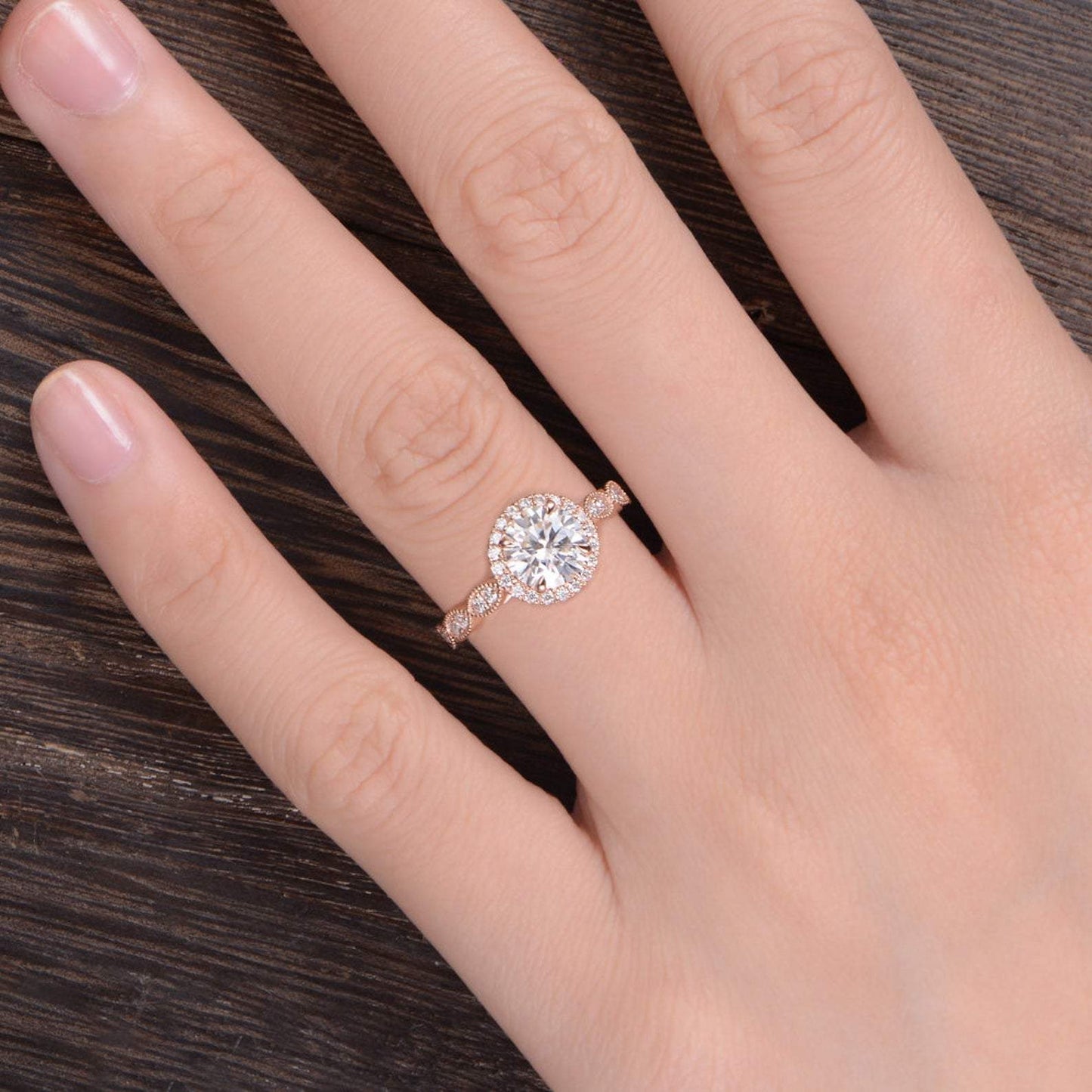 1.60 CT Round Cut Halo Milgrain Style Moissanite Engagement Ring