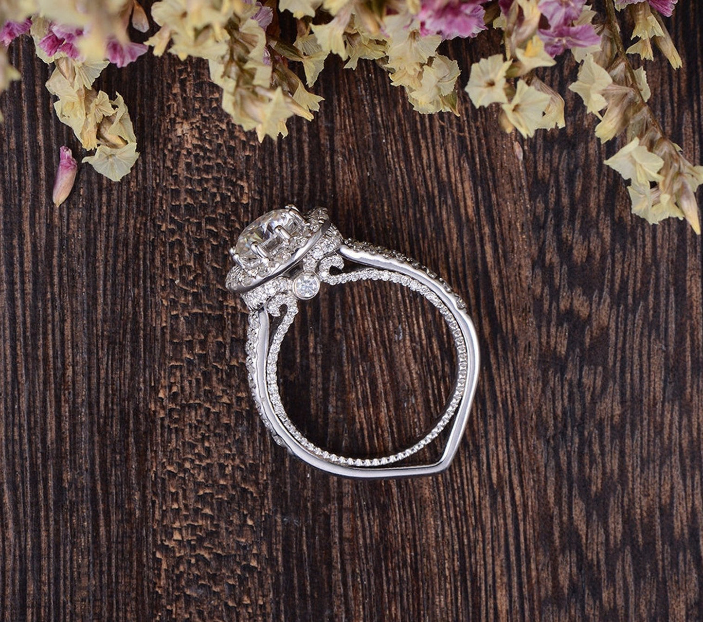 1.60 CT Round Cut Halo Split Shank Setting Moissanite Engagement Ring