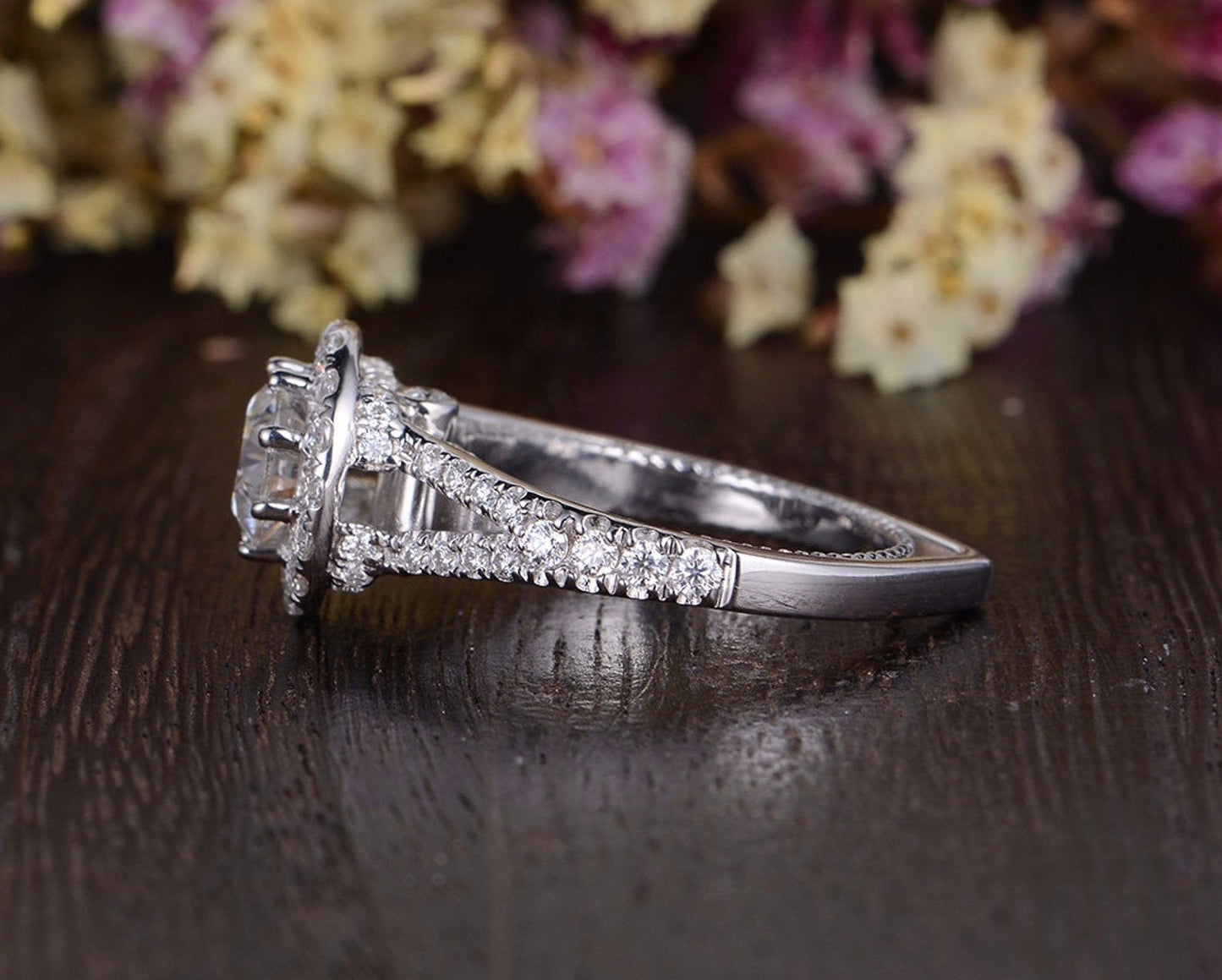 1.60 CT Round Cut Halo Split Shank Setting Moissanite Engagement Ring