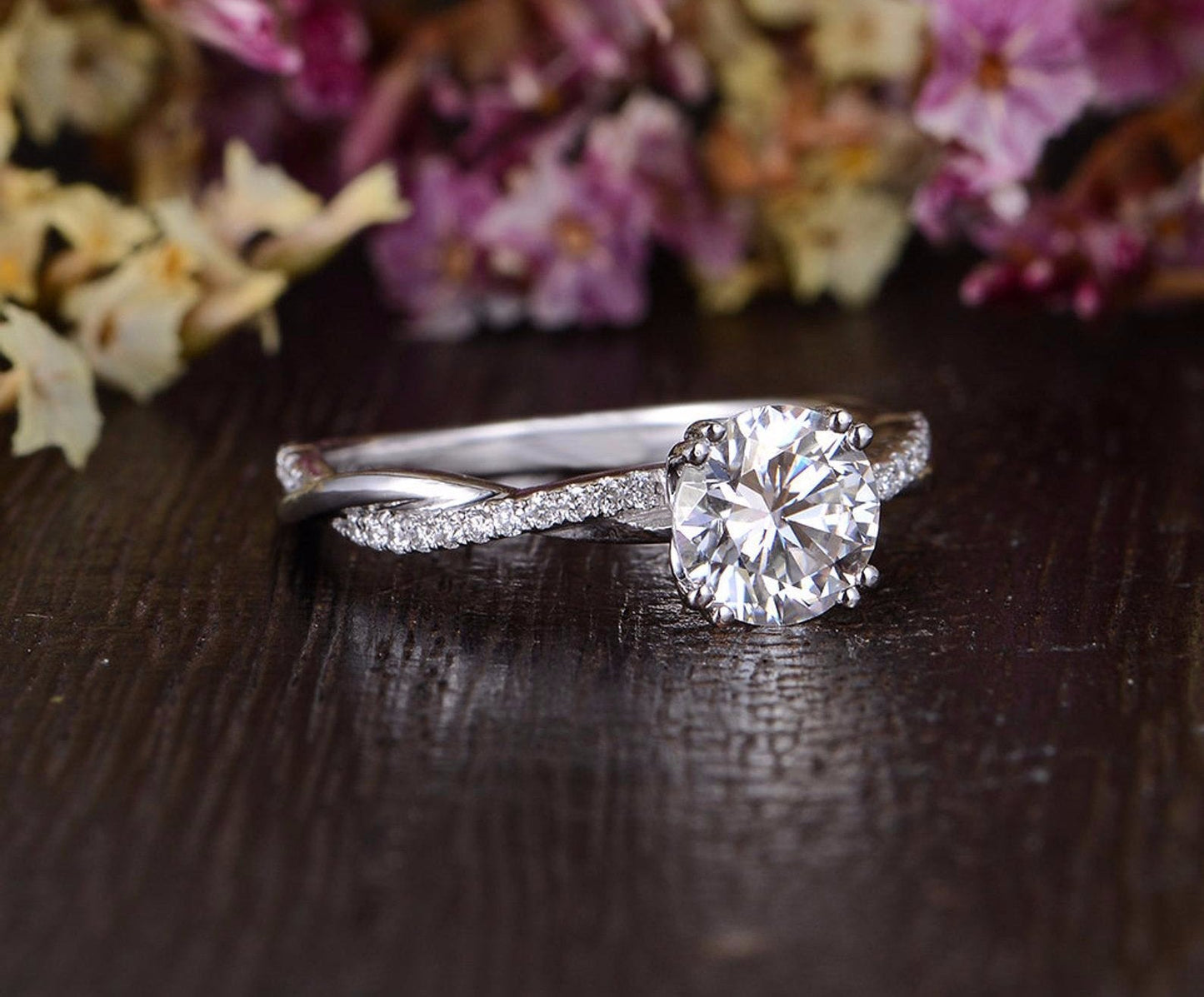 1.60 CT Round Cut Twisted Pave Setting Moissanite Engagement Ring