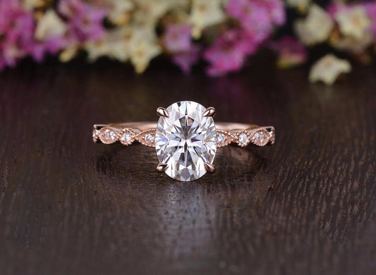 0.75 CT Oval Milgrain Pave Setting Moissanite Engagement Ring