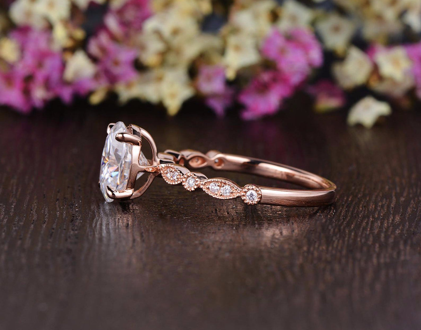 0.75 CT Oval Milgrain Pave Setting Moissanite Engagement Ring