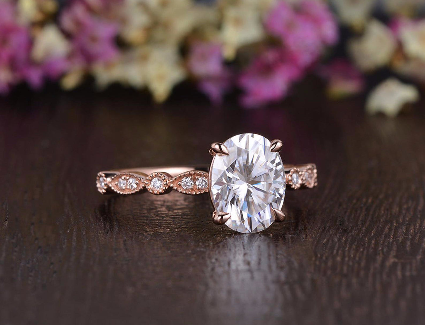 0.75 CT Oval Milgrain Pave Setting Moissanite Engagement Ring