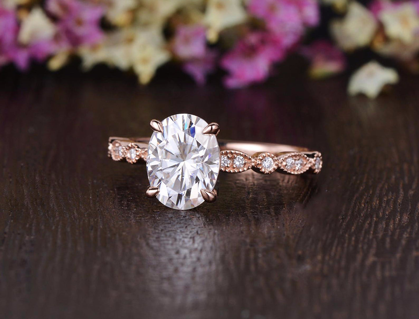 0.75 CT Oval Milgrain Pave Setting Moissanite Engagement Ring