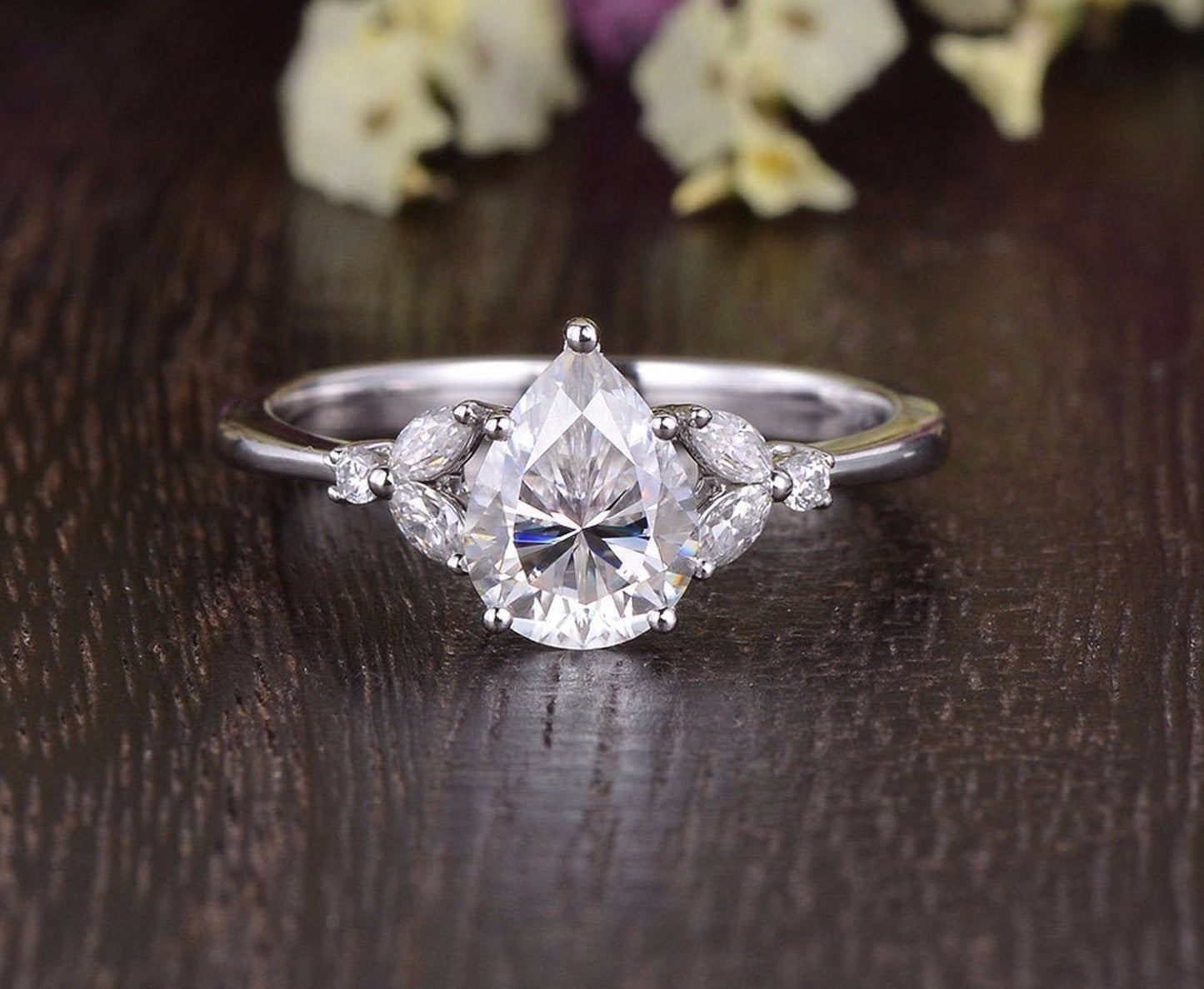 0.75 CT Pear Cluster Moissanite Engagement Ring