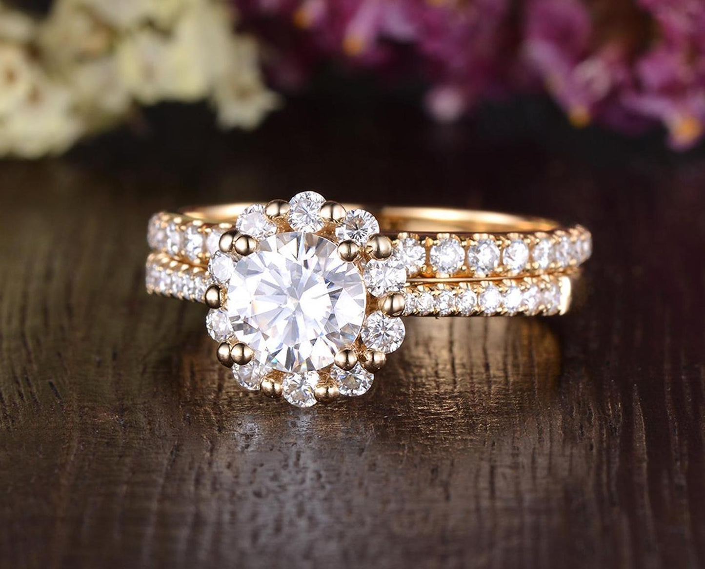 0.75 CT Round Halo Pave Moissanite Bridal Ring Set
