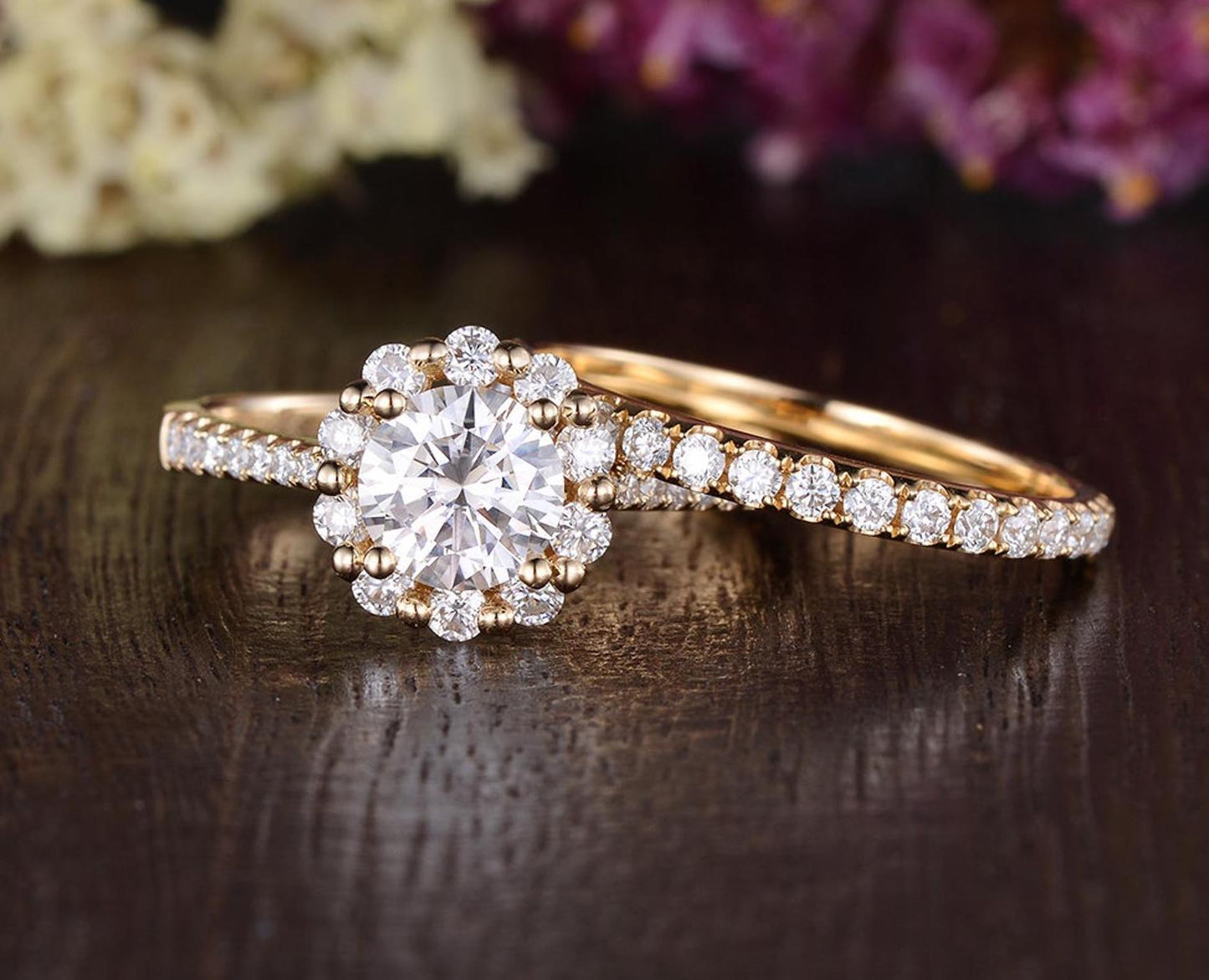 0.75 CT Round Halo Pave Moissanite Bridal Ring Set
