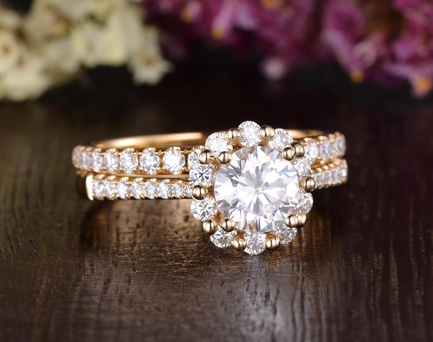 0.75 CT Round Halo Pave Moissanite Bridal Ring Set