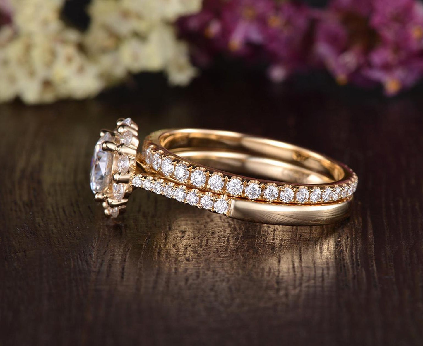 0.75 CT Round Halo Pave Moissanite Bridal Ring Set