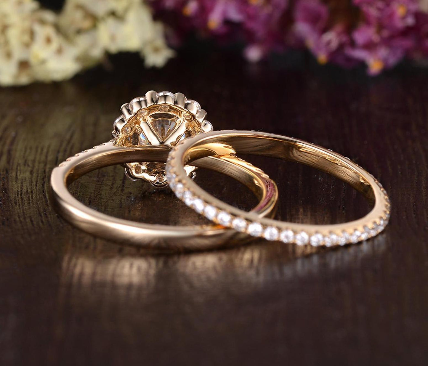 0.75 CT Round Halo Pave Moissanite Bridal Ring Set