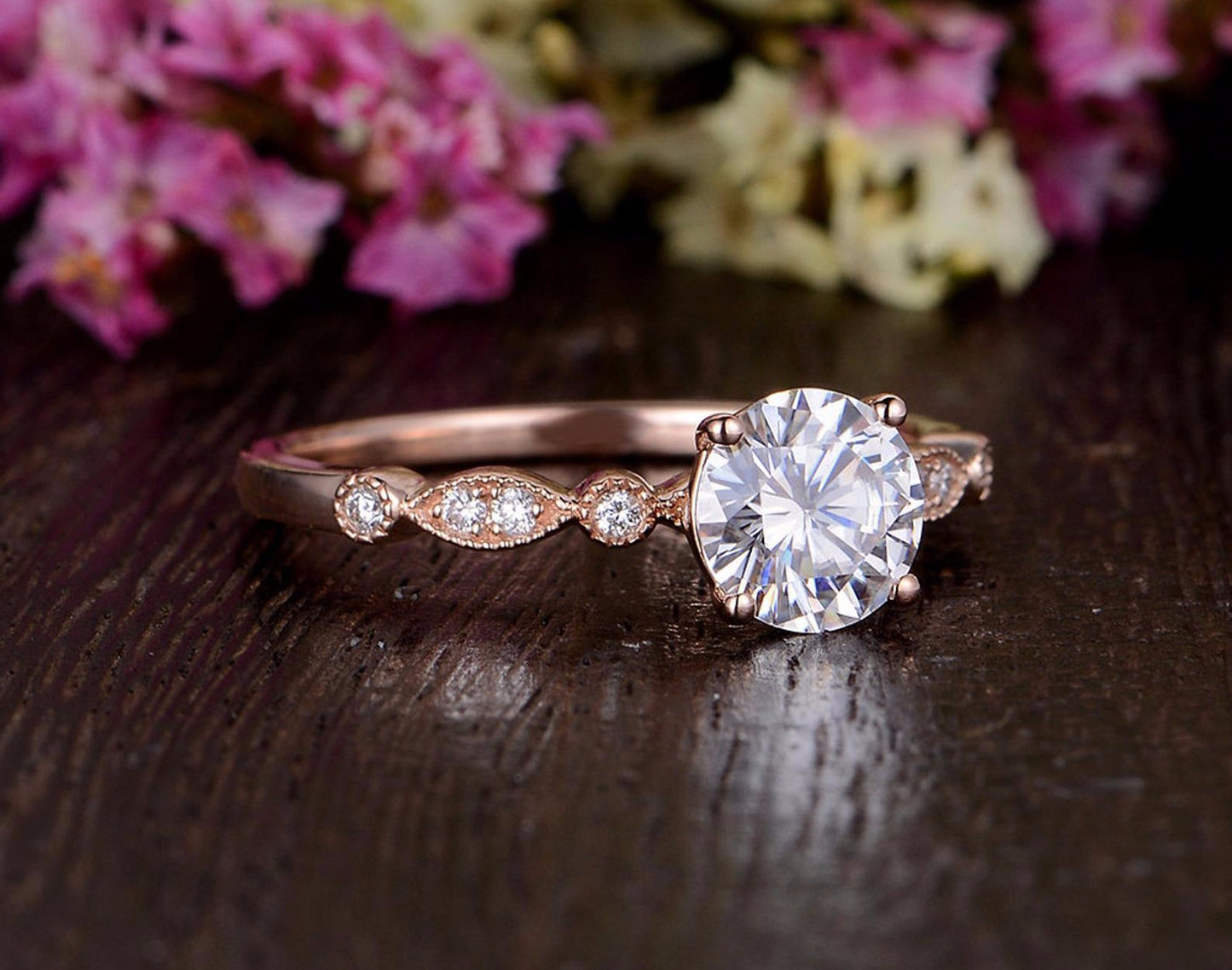 1.35 CT Round Cut Solitaire Milgrain Pave Setting Moissanite Engagement Ring