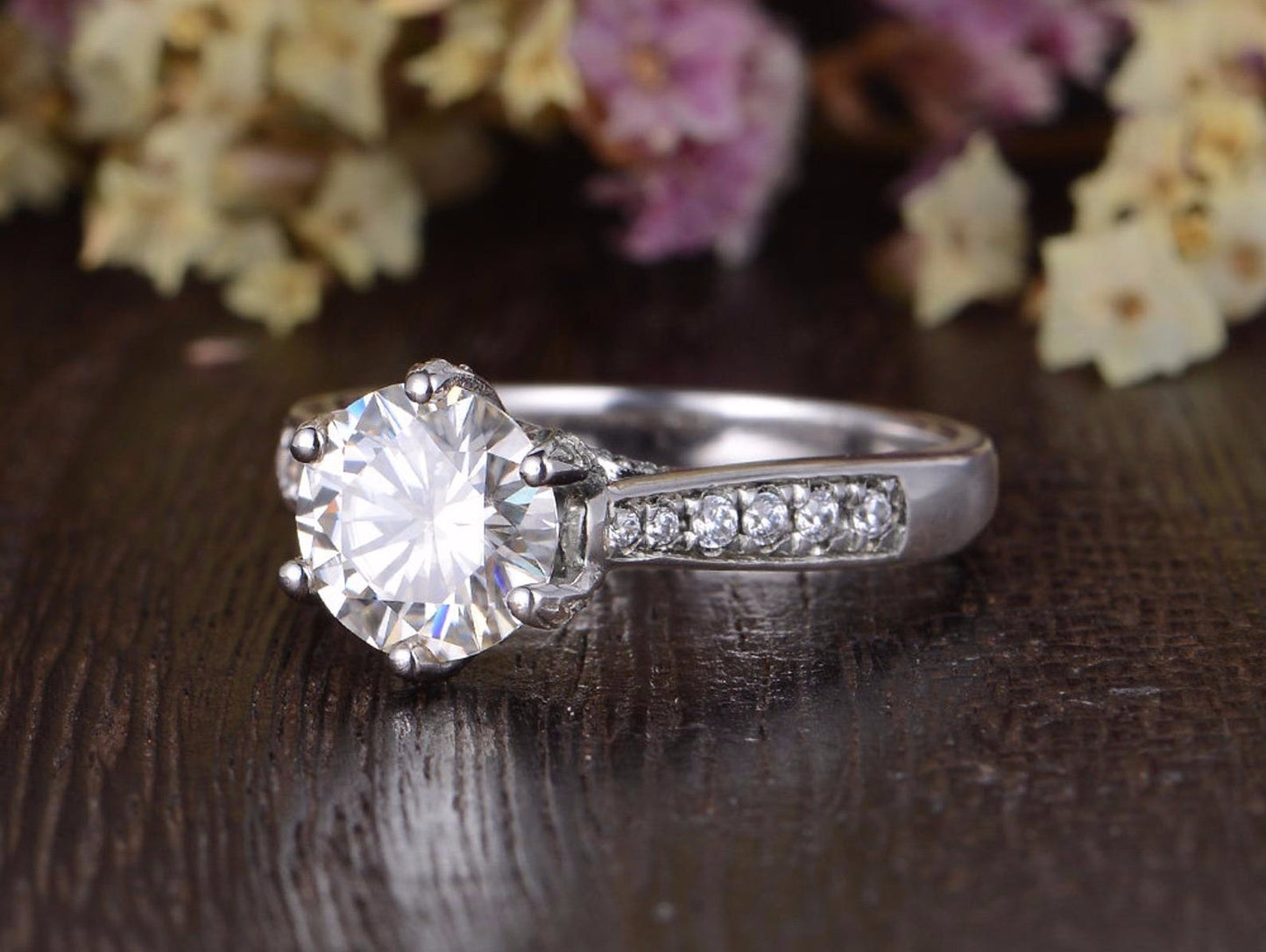 1.60 CT Round Cut Solitaire Pave Setting Moissanite Engagement Ring